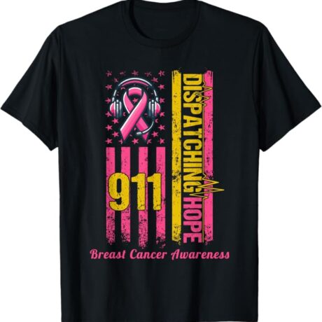 911 Dispatcher Breast Cancer Awareness American Flag T-Shirt